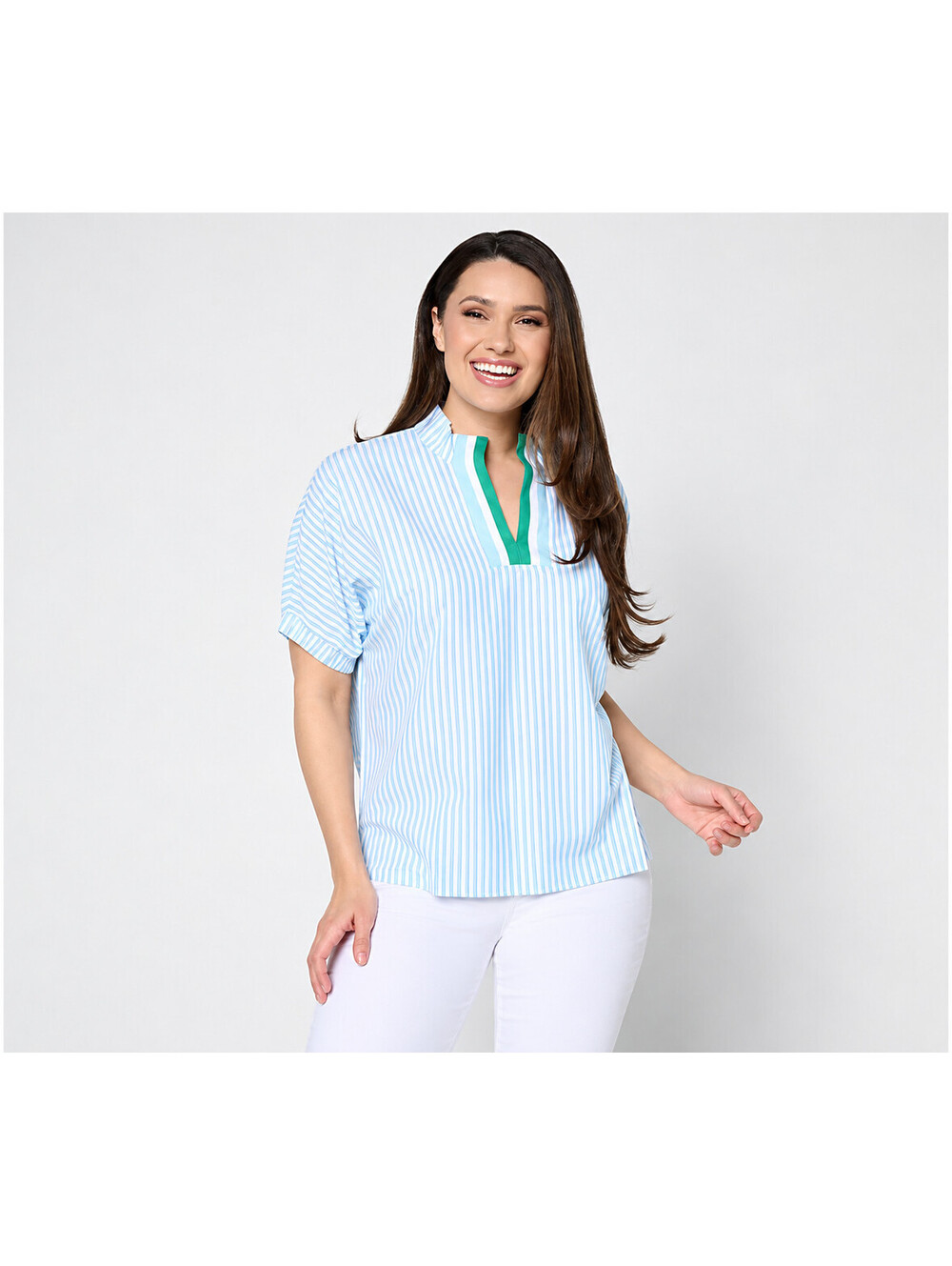 Belle by Kim Gravel Yacht Club Cool Seersucker Stripe Top Palm Beach Blue, 1X